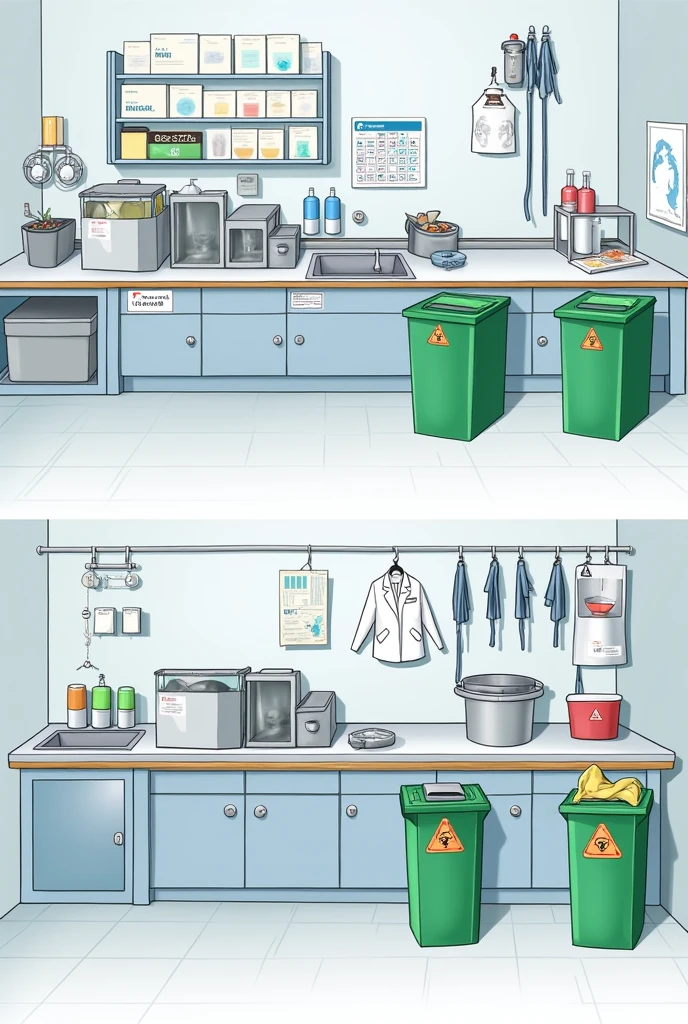 I need a simple drawing to be able to draw the waste area of a clinical laboratory where containers with short, sharp, bioinfectious waste appear., and another drawing is common but without a sink appearing 

