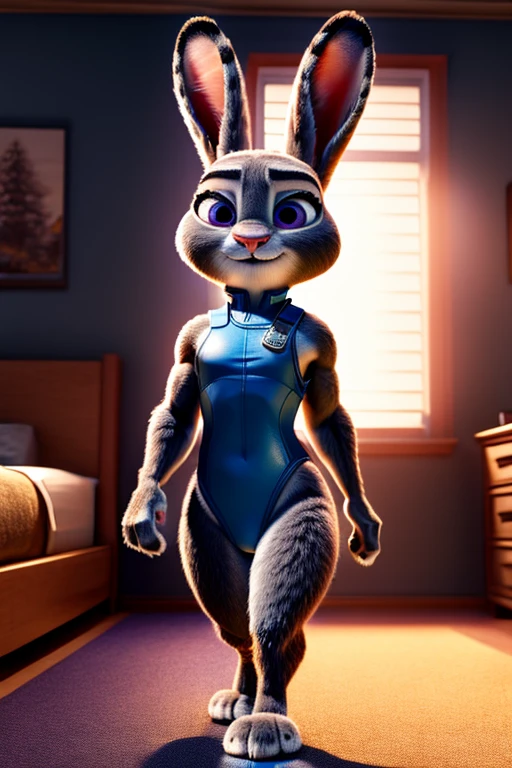 Judy Hopps, Pixar animated Zootopia style, a muscular girl wearing a leotard with a 3:1 hip to leg ratio, bedroom setting, detailed facial features, cinematic lighting, photorealistic, 8K, hyper detailed, masterpiece