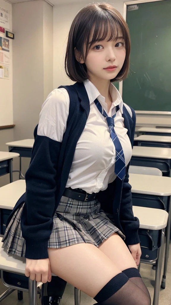 muste piece, best quality, illustration, Super detailed, fine details, High resolution, 8K,wall paper, perfect dynamic composition,(Details High quality, realistic depiction of eyes:1.3), from side, High School Classroom、High school girl uniform、blazer 、Super Short Check Uniform Skirt、Navy blue high socks、garterbelts、Colossal tits、Disturbed uniform, short bob hair, black hair color, large breasts, Big Natural Color Lip, bold sexy pose, (perfect body shape), crying a little、cold gaze, Harajuku style、20 year old girl、cute type, beautiful legs, hposing Gravure Idol, Voluptuous thighs