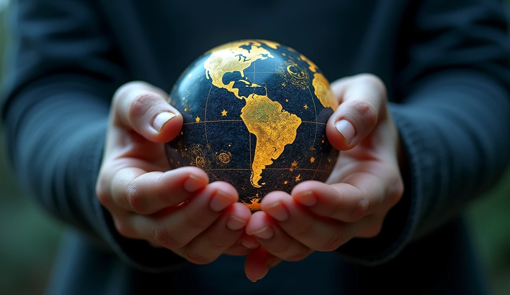 A close-up of a person's hands turning a celestial globe, with zodiac symbols illuminated. The background is a soft-focus starry sky. Atmosphere: focused and serene. Mood: curious and engaged. --ar 16:9
