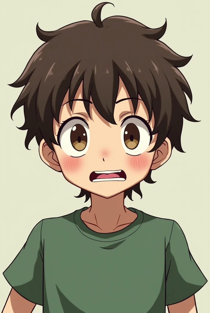 Create an anime-style character with a round face and bulging eyes in a scary way, he is a brown haired one, and brown eyes, he wears a green shirt