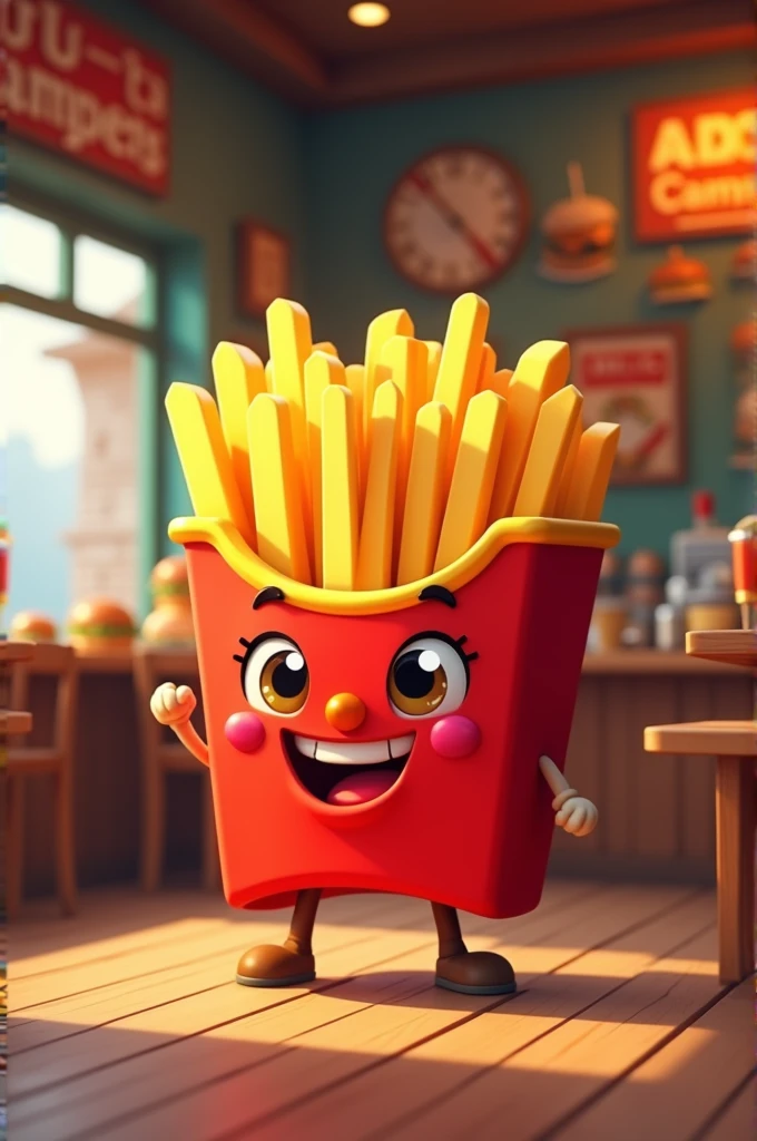 Create me a picture of a friendly cartoon French fry in a restaurant called Pollo Campers