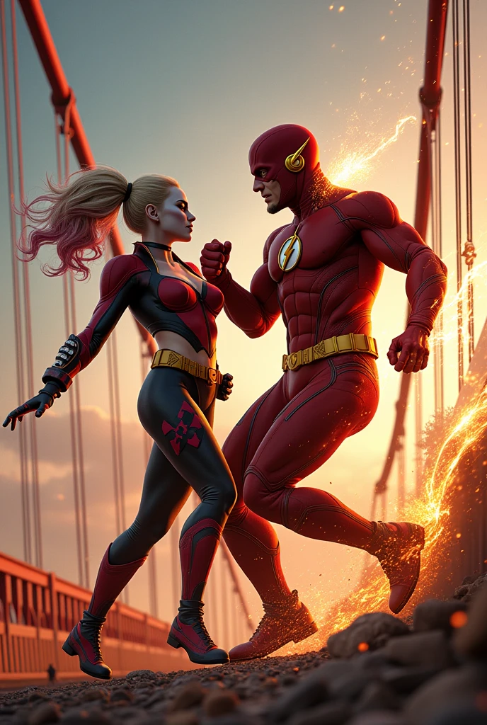 Harley Quinn and Wally West fighting on the San Francisco bridge
