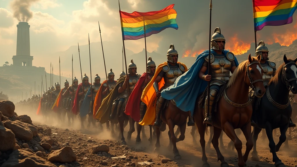 (photographie réaliste) Armée de thrace dans la grèce antique portant des armures reflétant la lumière, des capes représentant les couleurs du drapeau LGBT, munie de leurs lances d'argents et leurs bouclier dorés, ils chargent vers les ennemies restant, sur un champ de bataille apocalyptique dévasté, jonché de cadavres suivant leur deux centurions légendaires. En arrière plan on aperçoit la ville de Troies en feu. Il est écrit dans le ciel "Gays of Thrace" en lettre gothique de couleurs arc-en-ciel