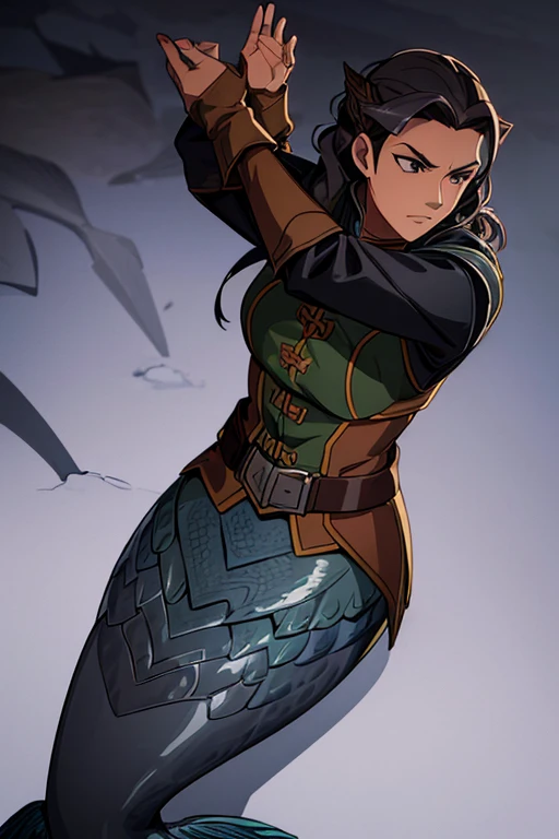 a illustration of a (((mermaid))) muscular_female mature_female, military_jacket military_coat leather_armor, silver_scales, (((black_hair))) curly_hair, (((tan))), sailor, solo, cowboy_shoot, female_focus, simple_background, solo, final fantasy tactics, jrpg, demacia, vox machina style, dungeon_meshi