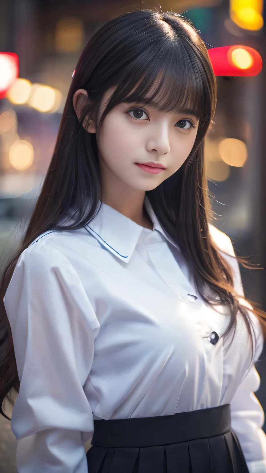 Highest quality,4K,8k,High resolution,masterpiece:1.2,Very detailed,Realistic:1.37,Portraiture,Soft colors,A girl exuding fatigue,long, flowing black hair,Delicate features,Thinking eyes,White skin,Happy expression,Great atmosphere,Wearing a uniform、Gazing into the distance,,Romantic atmosphere、Roppongi Nightlife、,Calm colors,Soft Shadows、Above-the-waist display、Ample breasts、