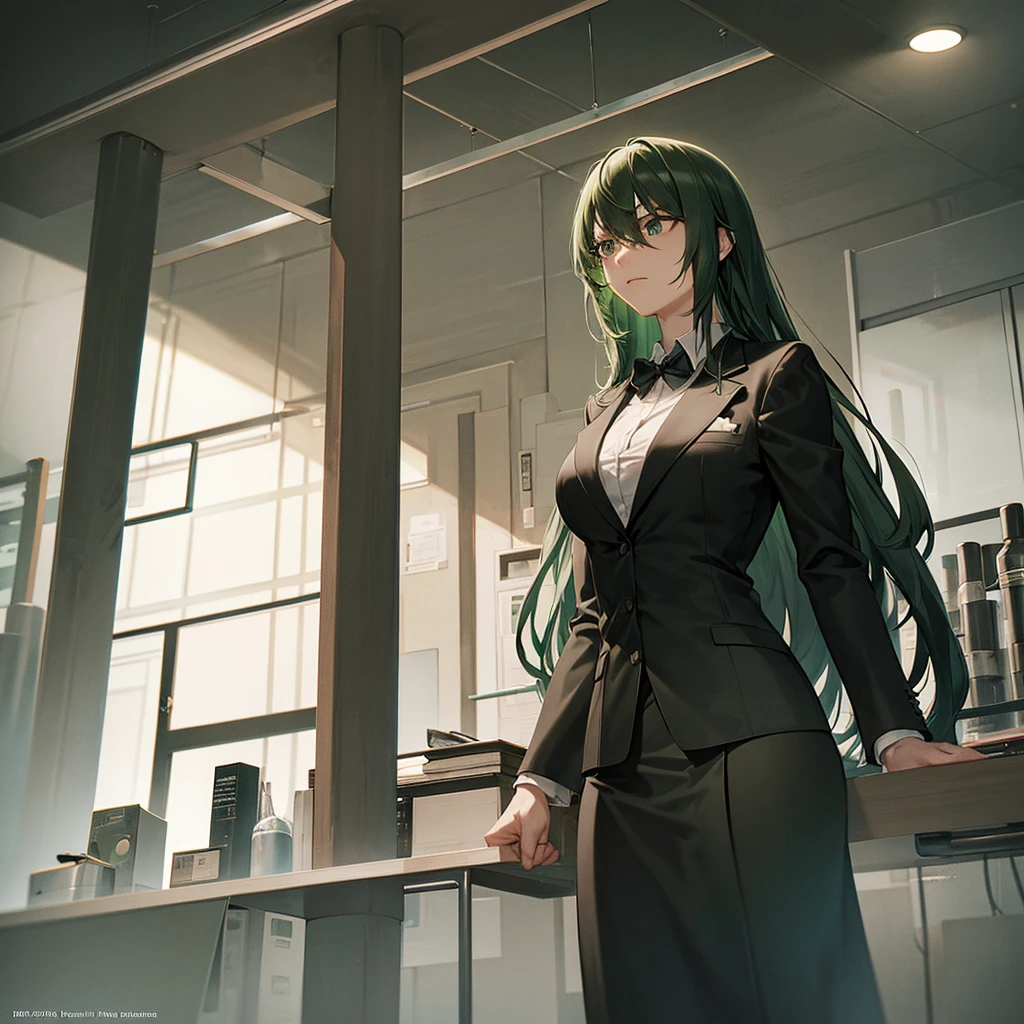 high quality, cinematic, dramatic lighting, hyper realistic, cinematic composition, moody, dark, somber, atmospheric, emotive, green-haired woman in a laboratory, long green hair, dark green hair, black eyes, sad expression, lab coat, blazer, skirt, scientific equipment, test tubes, beakers, computers, desaturated colors, moody lighting, dramatic shadows, photorealistic