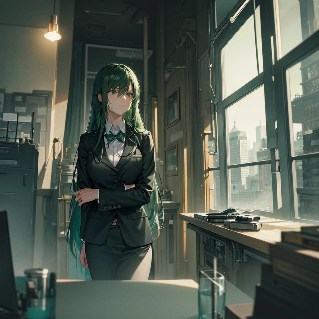 high quality, cinematic, dramatic lighting, hyper realistic, cinematic composition, moody, dark, somber, atmospheric, emotive, green-haired woman in a laboratory, long green hair, dark green hair, black eyes, sad expression, lab coat, blazer, skirt, scientific equipment, test tubes, beakers, computers, desaturated colors, moody lighting, dramatic shadows, photorealistic