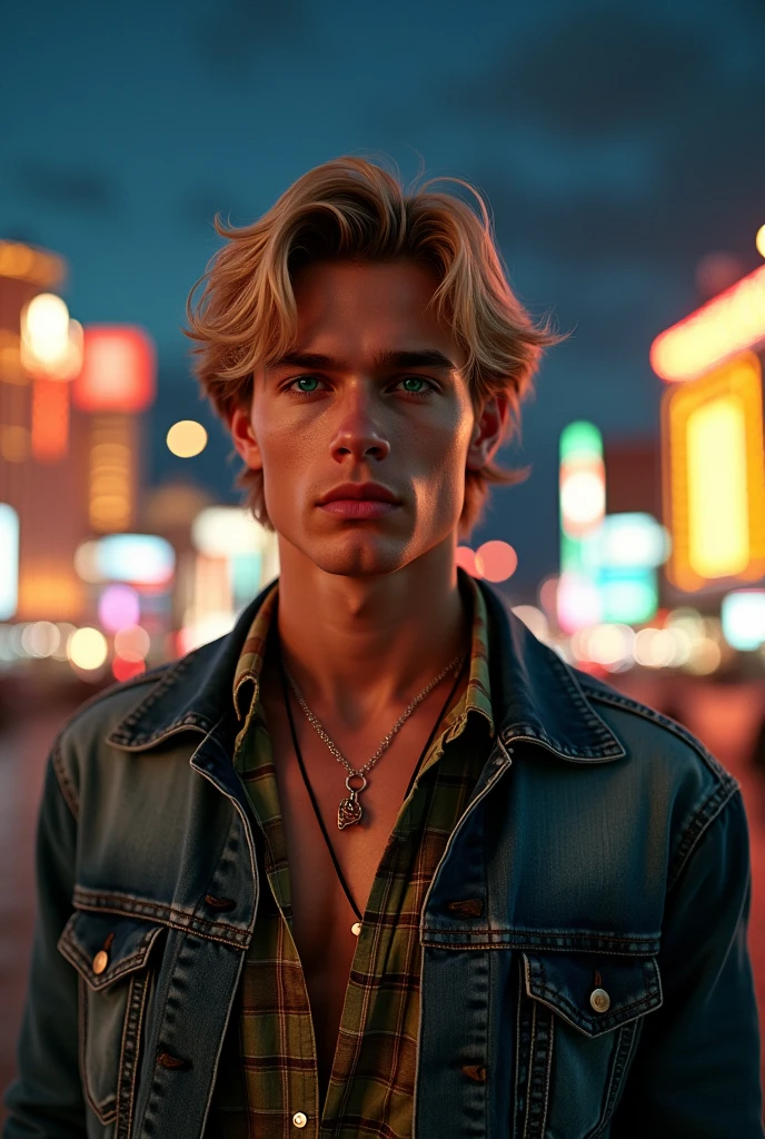 Tall, handsome 26-year-old man, green eyes like jade pearls, and medium blond hair. Wearing a plaid shirt and a denim jacket, and a necklace around his neck. Behind him to the city of Las Vegas