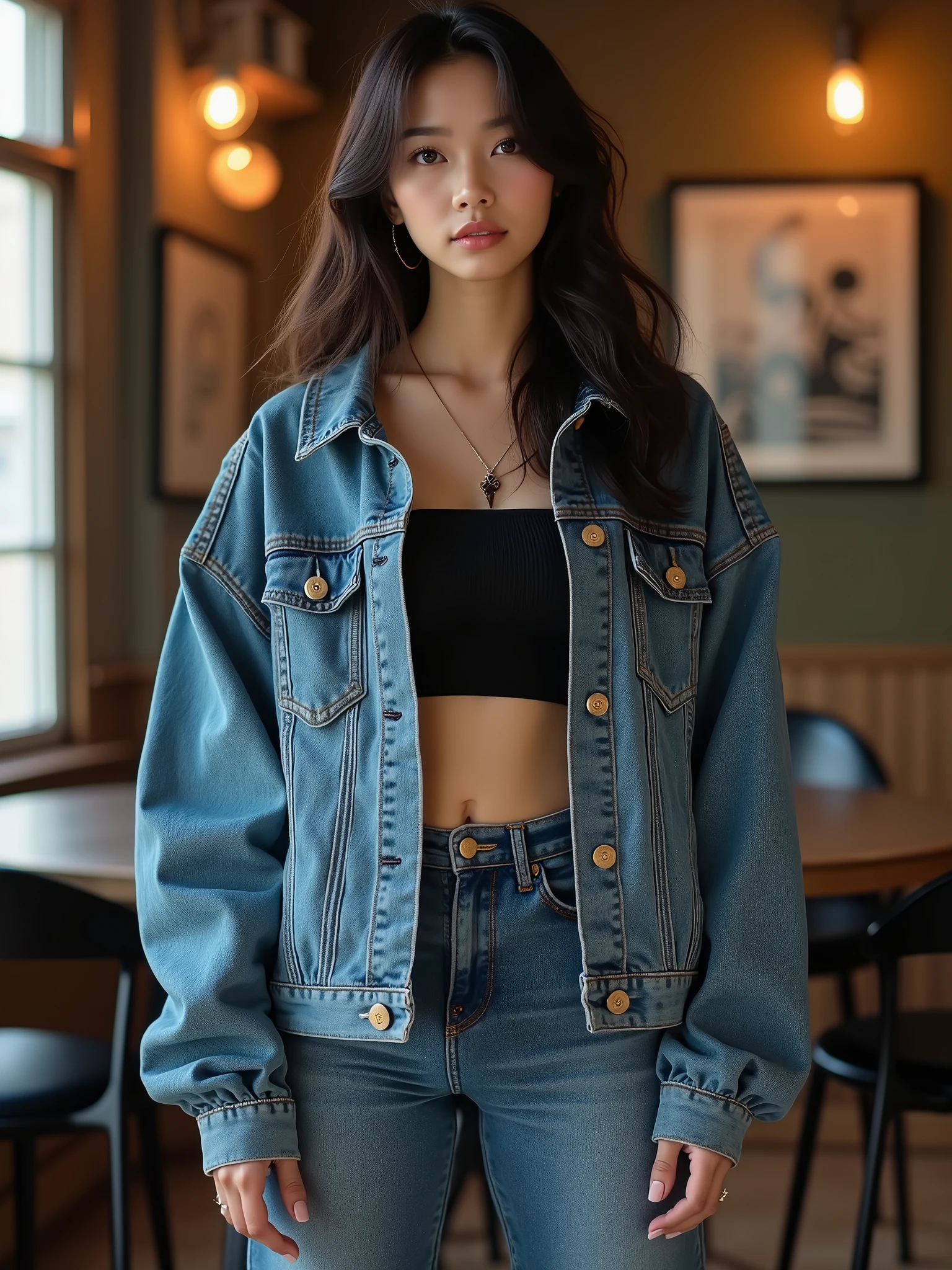 (Realistic, Photorealistic: 1.37), ((highest quality)), ((intricate details)), ((realistic)), absurd resolution,  K-Pop idol, 18 years old, young , sexy woman, point view, highly detailed photo, one girl, medium breast, wearing Oversized denim jacket with a black crop top and high-waisted jeans, completed with chunky black boots ,  standing and looking at the viewer,   perfect hands, detailed fingers, beautifully detailed eyes, medium long hair, brown eyes, Detailed indoor background, perfect eyes, enchanting eyes, looking. Viewed from the front