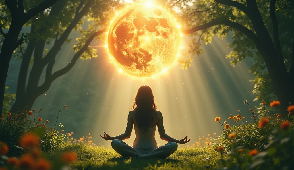 A symbolic image of the sun and moon intertwined with zodiac signs, casting their light over a meditative figure in a tranquil garden. Atmosphere: peaceful and harmonious. Mood: balanced and serene. --ar 16:9