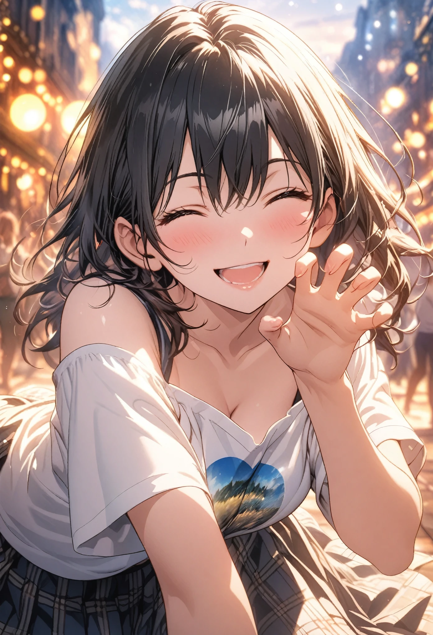 masterpiece, Highest quality, Highly detailed CG Unity 8k wallpaper, High School Girl Anime Illustration. Wear an oversized off-the-shoulder t-shirt, She is wearing a red and black checked skirt., Piece Pose、she has her eyes closed and mouth open, smile. Black Hair, black eye, twins, Bokeh Photo, (Soft Focus):1.2, Out of focus highlights, Dreamy atmosphere, Glowing circle, Fascinating Depth, The background is a realistic landscape