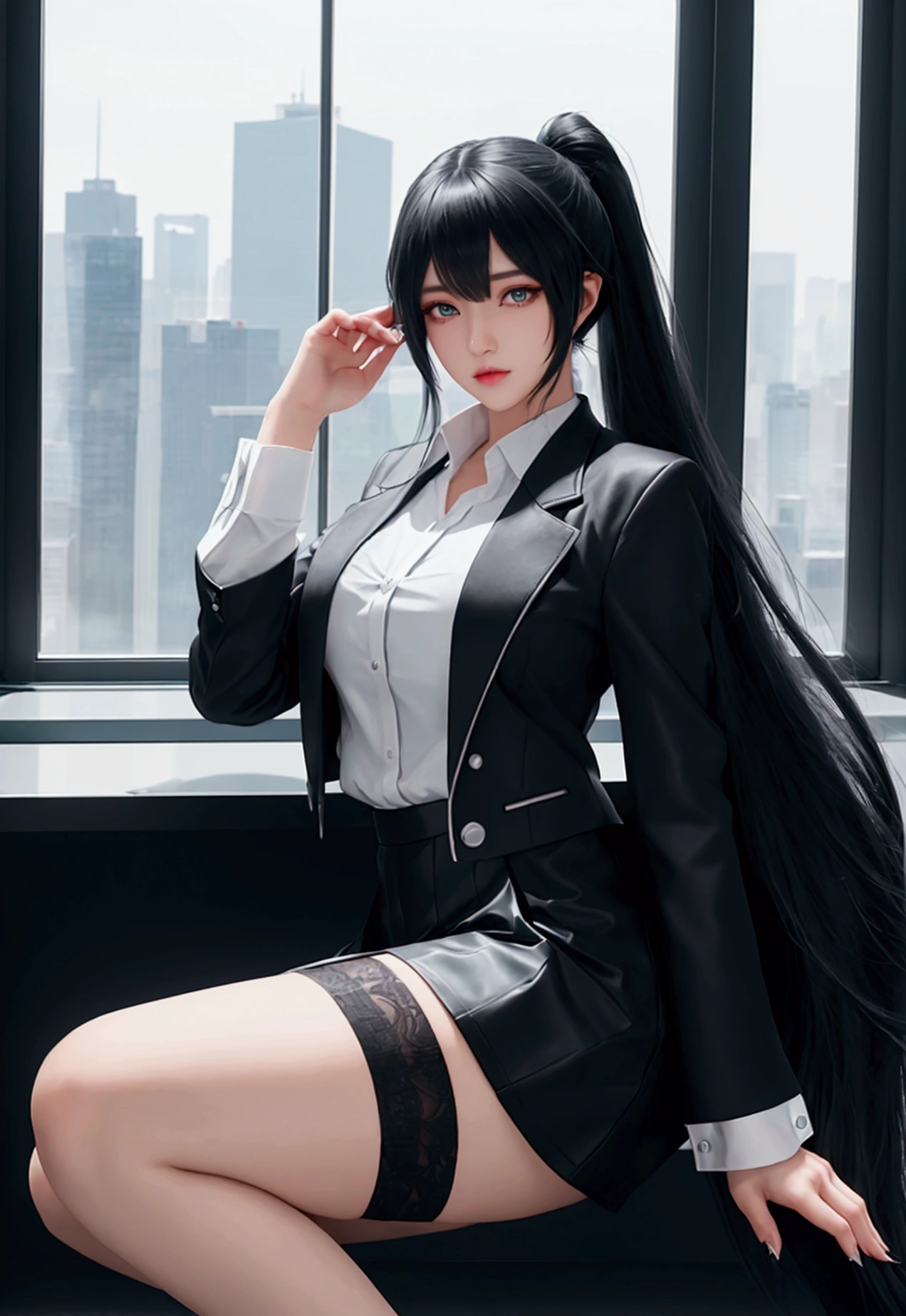 girl wearing white shirt, black short skirt, thin black jacket, black hair, super long hair, calf length hair, thick bangs, black hatsune miku style hair tied on both sides, emerald green eyes, perfect face, beautiful eyes, tall, stockings, high heels, luxury office background, glass window overlooking the city, morning