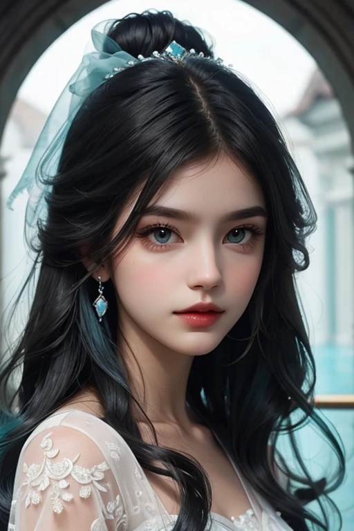 Aquamarine looking girl with dark hair in a beautiful hairstyle