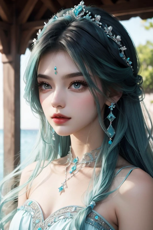 Aquamarine looking girl with dark hair in a beautiful hairstyle