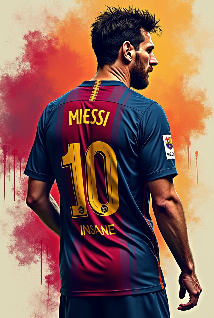 Make the Barcelona player Messi with the number 10 with the name Alex and below the INSANE FC number with his back turned