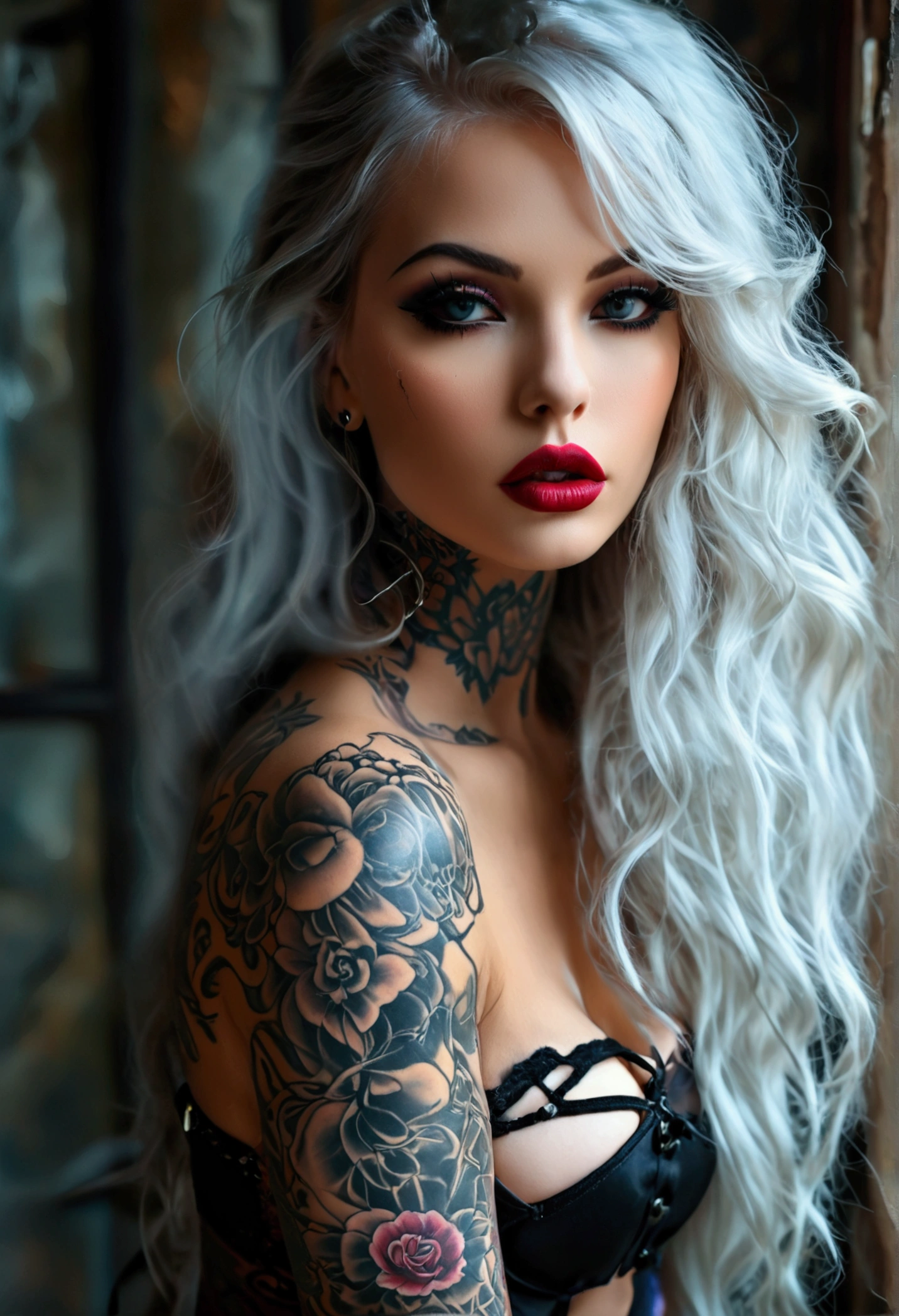 Create an image of the most stunningly gorgeous beautiful perfect sexy tattooed young sexy deathmancer high detailed sexy stunning feminine face, perfect makeup, sexy seductive lips, lipstick, beautiful perfect hour glass body figure, long flowing hair, gigantic natural perky breasts, thin waist, curved hips, detailed silky smooth skin, high heels, bdsm bondage lingerie, full body view,
