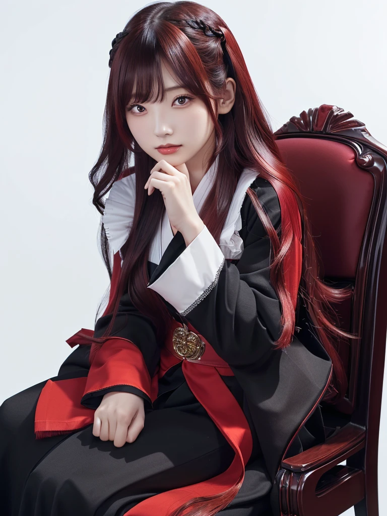 a woman with long red hair sitting on a black chair with two hands on a finger, 1 girl, alone, sitting, long hair, looking at the audience, black hair, sash, White background, Japanese clothes, Heart, Red eyes, colorful hair