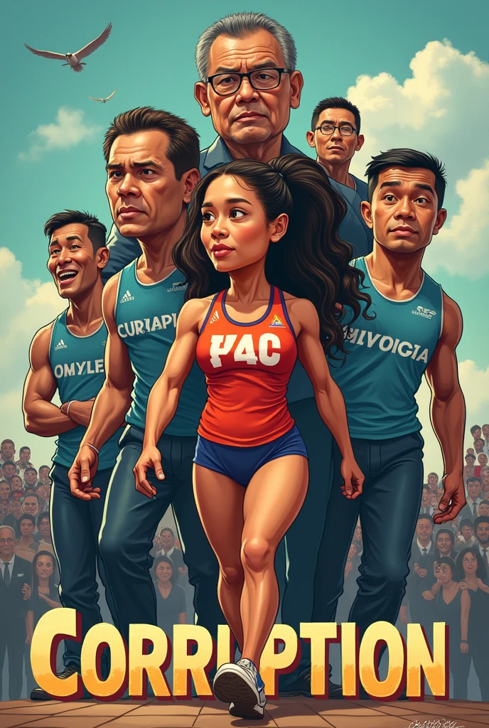 Make me a poster with a girl carrying the word corruption on her back while politicians are standing on the word and make it cartoony
Make the girl hidilyn Diaz and add Carlos yulo and Harold hatch to help her