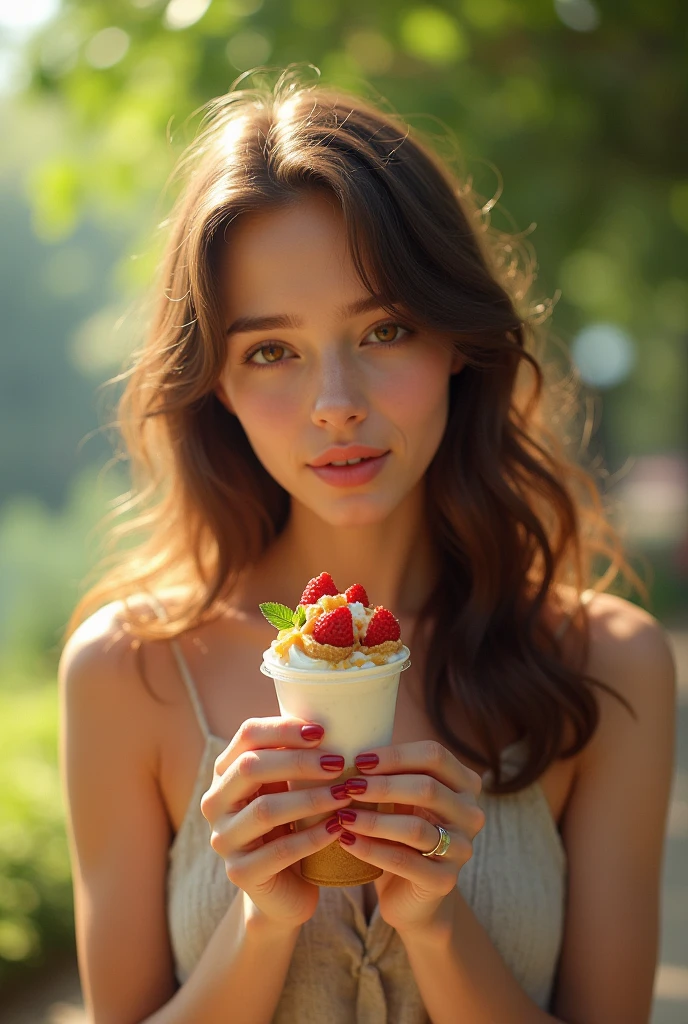 Woman aged 25 to 35, in park, salmonete, chestnut hair, brown eye eating acai with sweets Satellite image, backlighting, ultra HD, high qualiy, best qualityer, high resolution, 8k, 16K