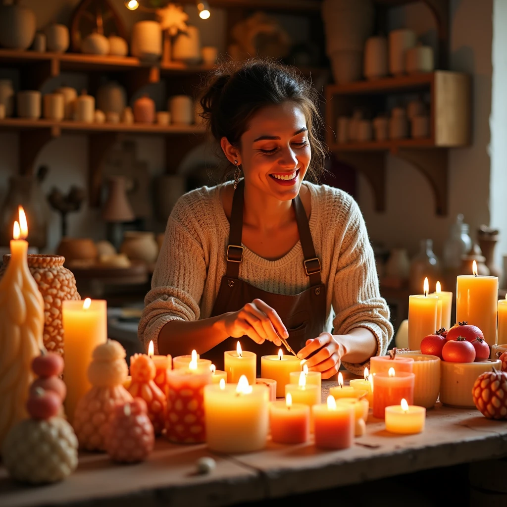 A Spanish woman creating very beautiful and outstanding handmade candles, with a creative environment and she is happy and excited, fill with well-crafted ready-made candles that stand out in the image and 3 variations 