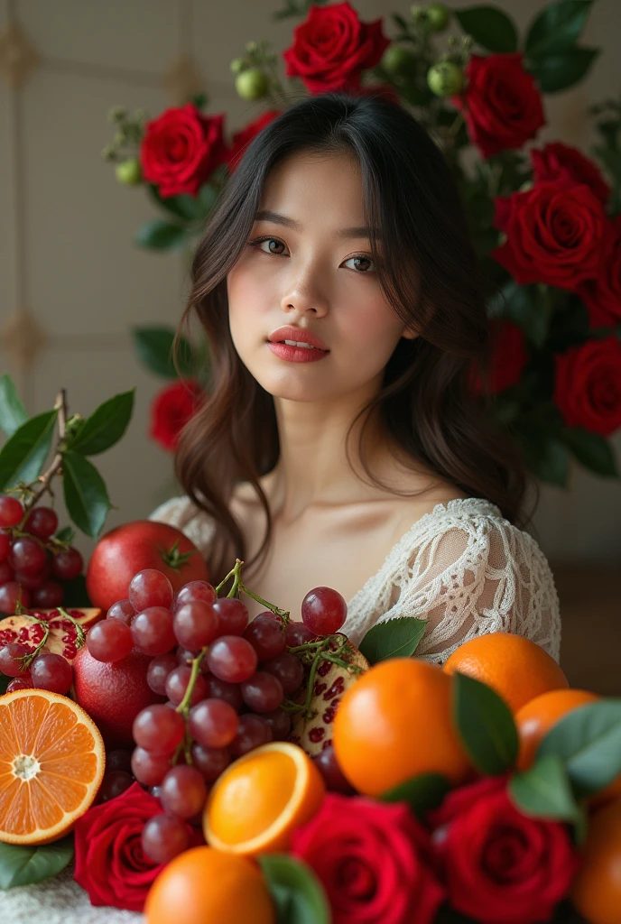 Photo of beautiful model with table full of fruit concept"and red roses. Dan ada tag nama ridwangrapher