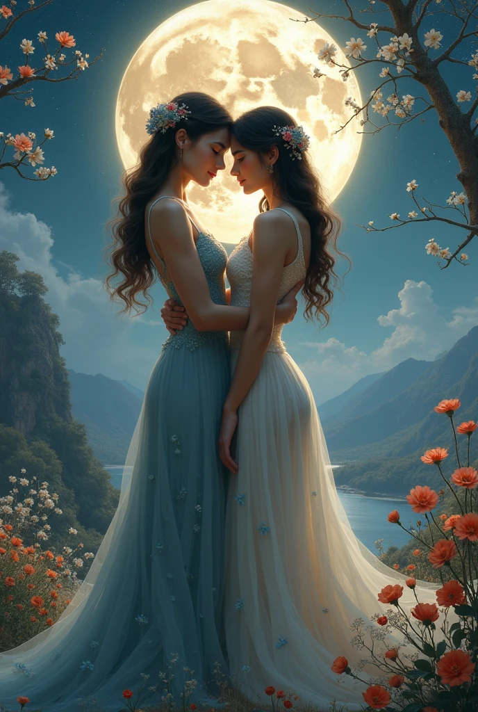 (masterpiece, highest quality, official art, beauty and aesthetic, the most important work), perfect anatomy, two women is deeply in love with each other, kiss, romantic atmosphere, flower and moon, magnificent panorama view