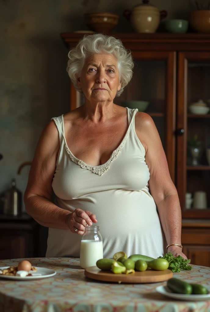 Hause wife,55 years old.  the table. Milk on body. . Holding cucumber in hand. Legs tied up.