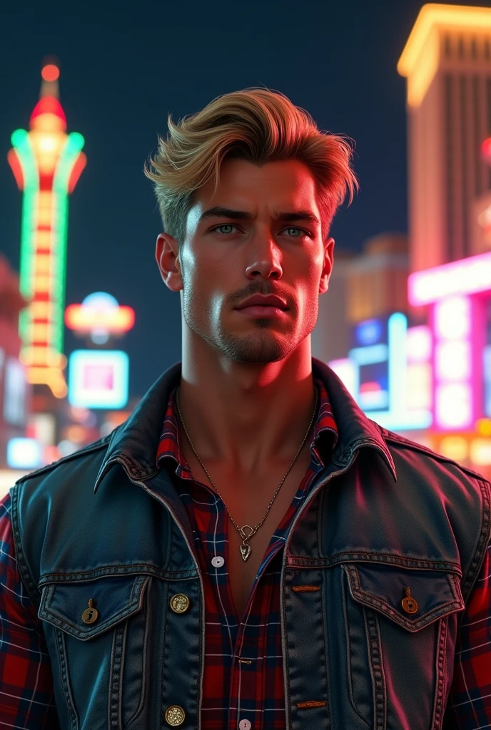Outdoors, mature white male, wearing blue jeans, blue eyes, wearing white unbuttoned shirt, blue sleeve tribal tattoos, blue chest tribal tattoos, blue abdominal tribal tattoos, full body blue tribal tattoos, blonde hair, holding staff, urban environment, night, neon signs, 8k, Unreal engine, highly detailed, photorealistic, silver belt buckle