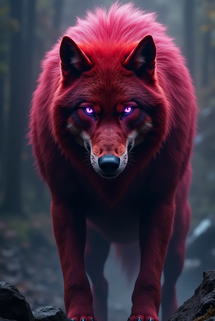 Strong and large alpha wolf with blood red fur, one purple eye and one pink eye