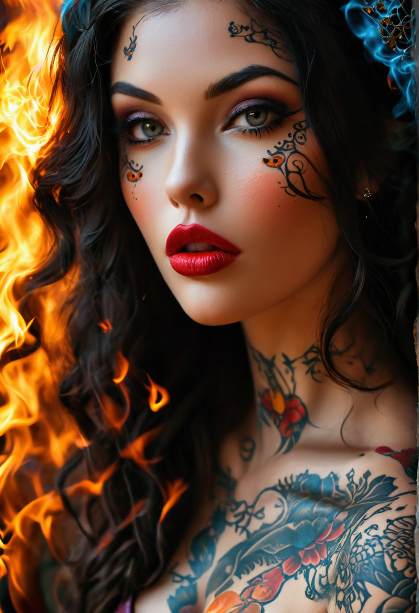 Create an image of the most stunningly gorgeous beautiful perfect sexy tattooed female pyromancer, high detailed sexy stunning feminine face, perfect makeup, sexy seductive lips, lipstick, beautiful perfect hour glass body figure, long flowing hair, gigantic natural perky breasts, thin waist, curved hips, detailed silky smooth skin,