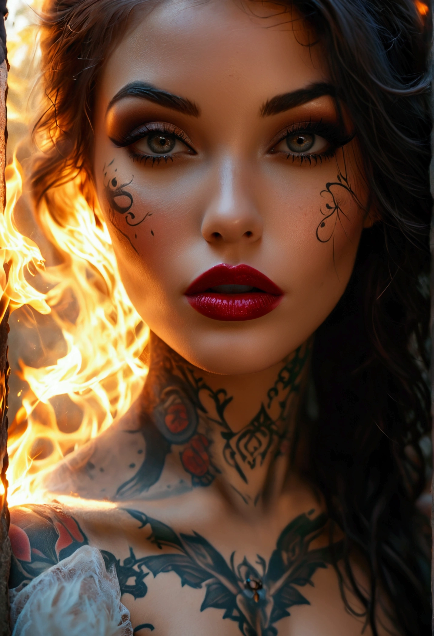 Create an image of the most stunningly gorgeous beautiful perfect sexy tattooed female pyromancer, high detailed sexy stunning feminine face, perfect makeup, sexy seductive lips, lipstick, beautiful perfect hour glass body figure, long flowing hair, gigantic natural perky breasts, thin waist, curved hips, detailed silky smooth skin, 