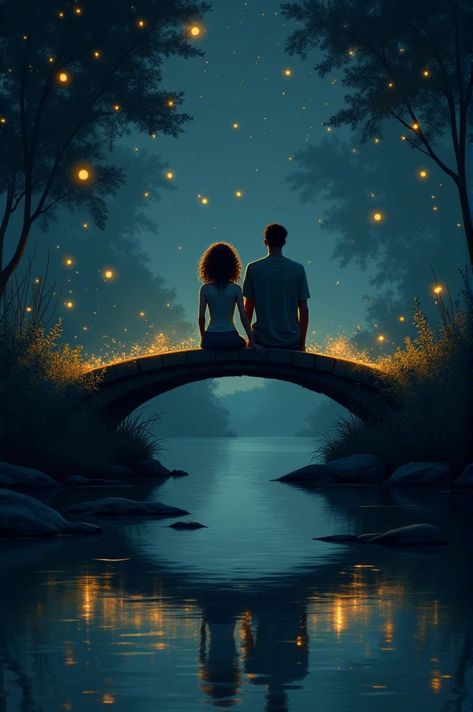 A curly-haired woman and a tall man sitting at night on a small bridge over a river watching fireflies 