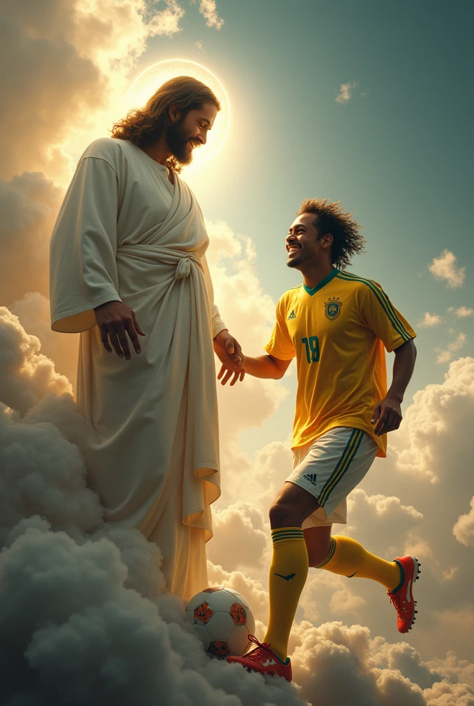 Create an image of Jesus and Ronaldinho Gaucho together