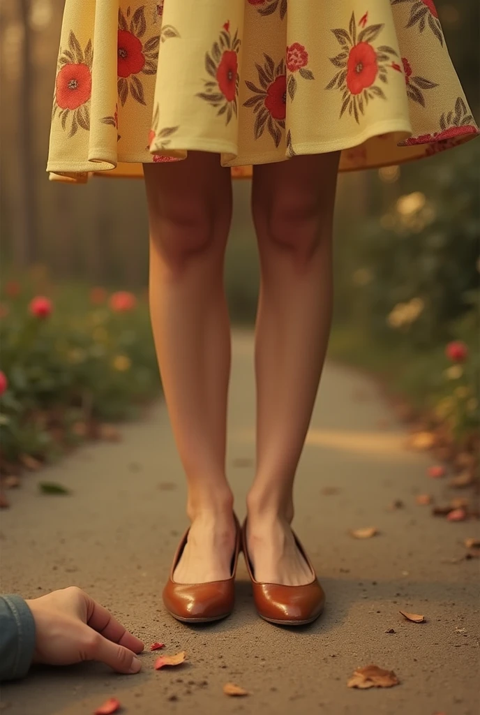 legs of a woman facing forward, with brown low heels, with a light yellow floral dress from the 60s that reached her legs, On one side of the feet there is a man's hand, lying on the ground. The image is with red and antique tones.