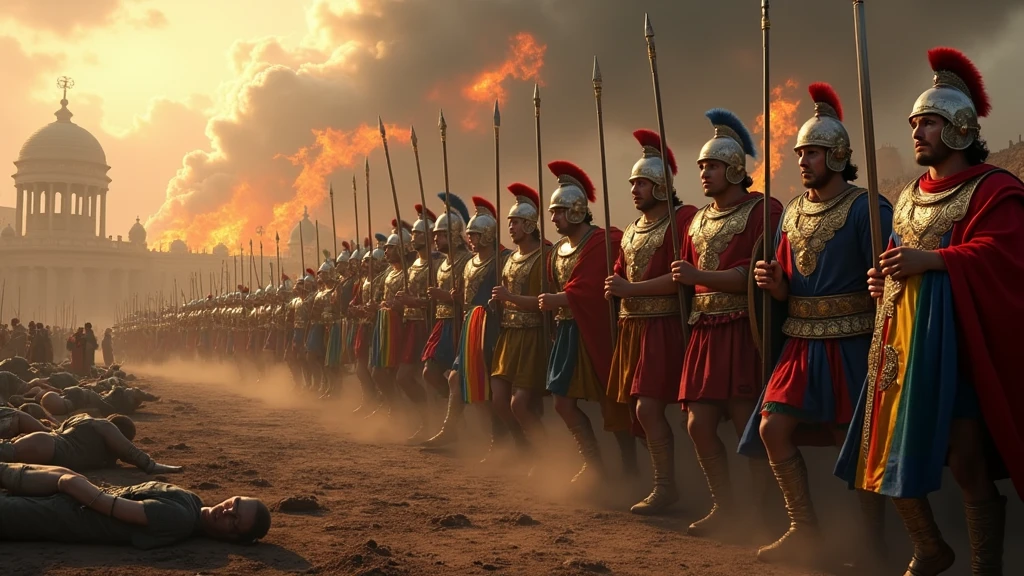 (photographie réaliste) Armée de thrace dans la grèce antique portant des armures reflétant la lumière, des capes représentant les couleurs du drapeau LGBT, munie de leurs lances d'argents et leurs bouclier dorés, ils chargent vers les ennemies restant, sur un champ de bataille apocalyptique dévasté, jonché de cadavres suivant leur deux centurions légendaires. En arrière plan on aperçoit la ville de Troies en feu. Dans le ciel il y a écrit "Gays of Thrace" en lettre gothique