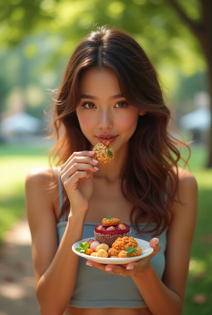 Woman aged 25 to 35, in park, salmonete, chestnut hair, brown eye eating acai with sweets Satellite image, backlighting, ultra HD, high qualiy, best qualityer, high resolution, 8k, 16K