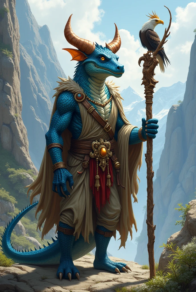 Create an RPG character, he is a kobold druid. Its scales are blue, the background resembles a mountain.
Make the character more humanoid and equip him with druid clothes.
Make him with his staff in hand Make the staff more magical He is a druid who enchants animals His appearance should be similar to a dragon He is small but fierce He has no wings His staff is that of a wizard, has the power of nature A big bear accompanies him His staff resembles polished wood Make him fierce He is a little taller His staff is made of ancient wood His scales have some touches of red His head resembles a crocodile His staff is magical and decorated with bones He has fangs He has no ears, It has horns A skull with feathers is on the staff The bear looks like a spirit It is small, His staff emanates a magical light. He has a fierce familiar., bigger than him His appearance resembles a shaman His horns are made of copper as well as some details on his scales Forget the bones in the staff Make it more friendly He wears a cloak and pants His head and horns match, he is a REPTILE Make the horns less flashy Besides the bear, add an eagle and a unicorn He is a summoner, he commands the creatures in battle His head is that of a lizard, his invocations are greater than he He commands spirits