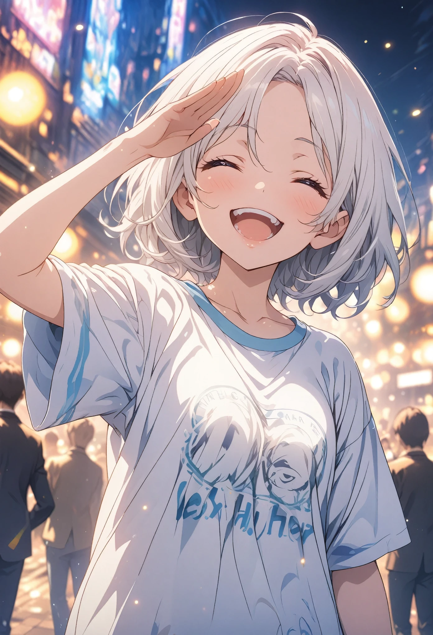 masterpiece, Highest quality, Highly detailed CG Unity 8K wallpapers, High School Girl Anime Illustration. Wear an oversized オフショルダー Tシャツ、salute、Big eyes, Double teeth, she has her eyes closed and mouth open, smile. short hair, White Hair, amount, Parted bangs, Bokeh, Written boundary depth