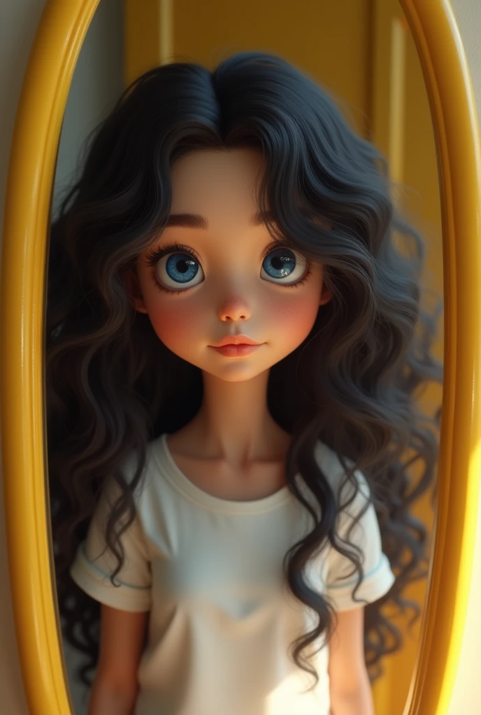 Create an image of a beautiful, real teenage girl with blue eyes, white outfit,looking in the mirror and seeing copper-colored streaks in your hair, she has long curly black hair, is in a room with a yellow door 