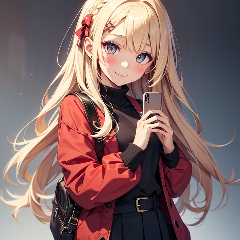 ((1 person)), Have a smartphone, Selfie, Latest Fashion Trends, (Hairpins in the bangs), younger sister, Pleated skirt, rucksack, Bright expression,background_School Area, Surprised face, かわいいyounger sister, Cowboy Shot,((Very detailed,Highest quality, High resolution, Beautiful clothes,)),((blonde, Long Hair,Straight hair)), blush , (Crimson Eyes),eye shadow, eyeliner,Glow Eye, Very detailedな目, Beautiful Eyes, smile, 
