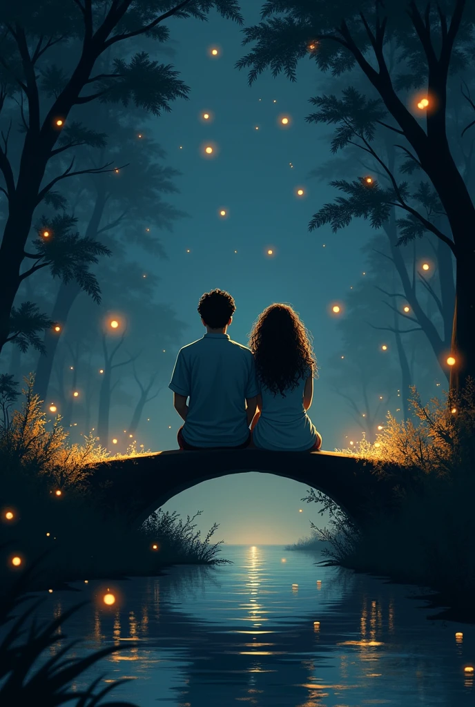 A curly-haired woman and a tall man sitting at night on a small bridge over a river watching fireflies