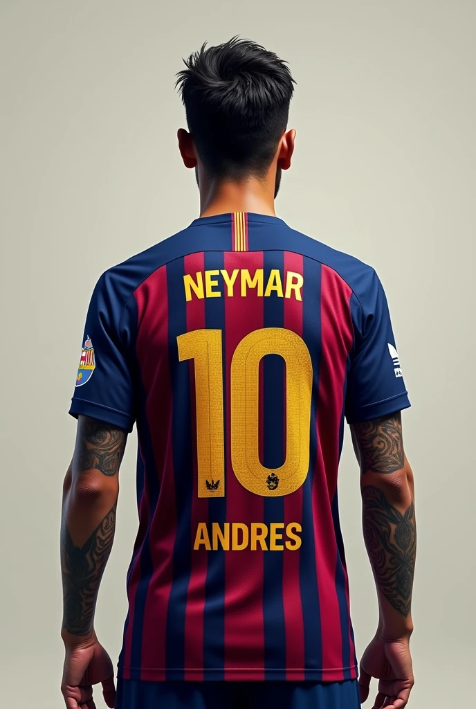 Make the Barcelona player Neymar with the number 10 with the name Andres and below the INSANE FC number with his back turned