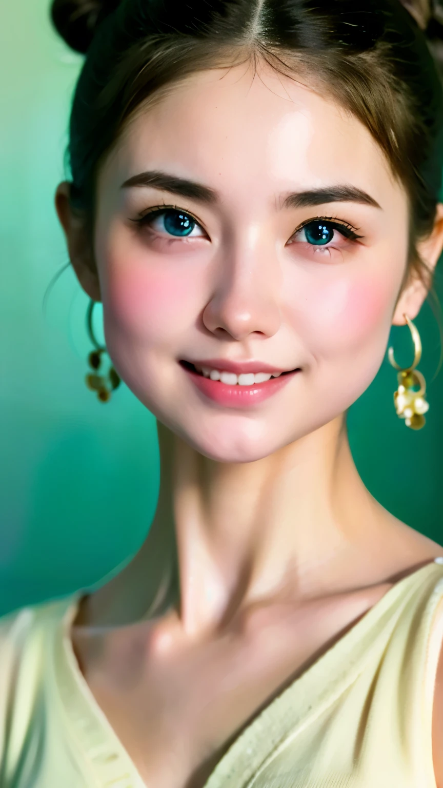 cute, (Ash Blonde Hair), ((very bun hair)), Perfect Face, An innocent smile, Upper Body,(blue eyes), (Yan), (small), (thin), ((small胸)), ((Only )), Skin dentition, Very detailed, Attractive oval face, Red lips, pink, Glowing Skin, Thin Hair, Face Focus, Chest close-up, Gorgeous hair ornament, Gold earrings, ((1 person)), Embarrassed expression,