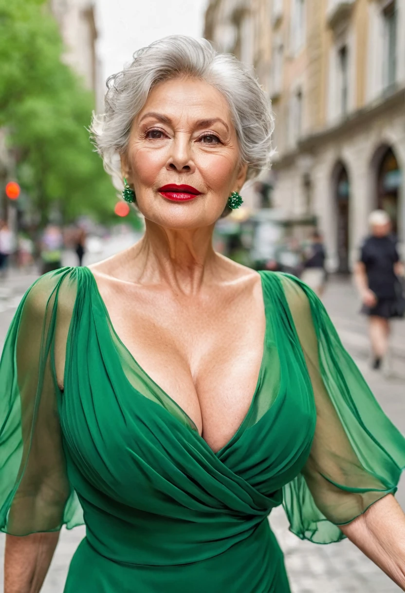 (Gorgeous and Glamour woman 70yo with gigantic breast running in the city, she's a lawyer, (vibrant green elegant chiffon dress with a deep neckline:1.4), red lips, (((saggy busty breast))), generous cleavage, realistic photography