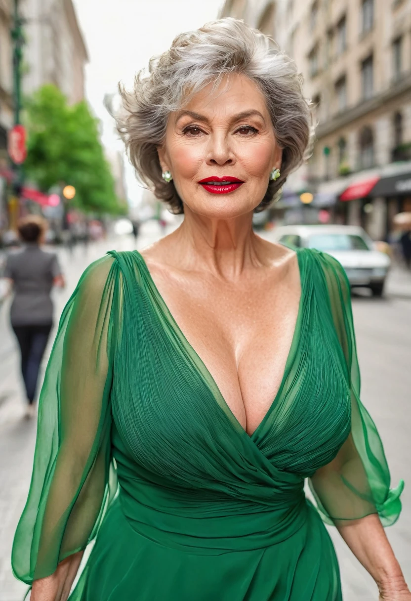 (Gorgeous and Glamour woman 70yo with gigantic breast running in the city, she's a lawyer, (vibrant green elegant chiffon dress with a deep neckline:1.4), red lips, (((saggy busty breast))), generous cleavage, realistic photography
