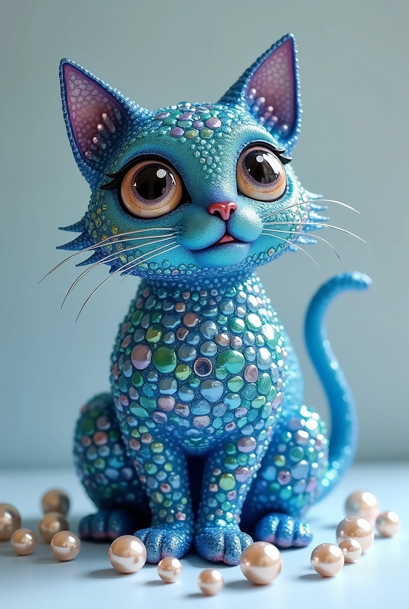 Blue cat animal full of Murano glass beads. high quality. 8k resolution. As decoration around some scattered pearls.