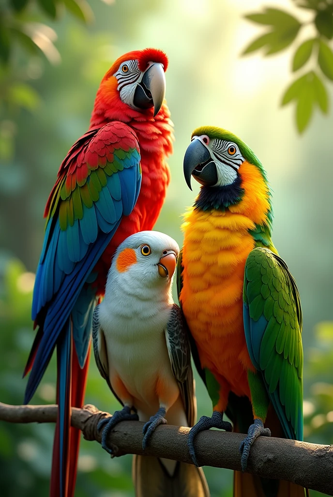 macaw, cockatiel, agapornis, ringneck together in nature