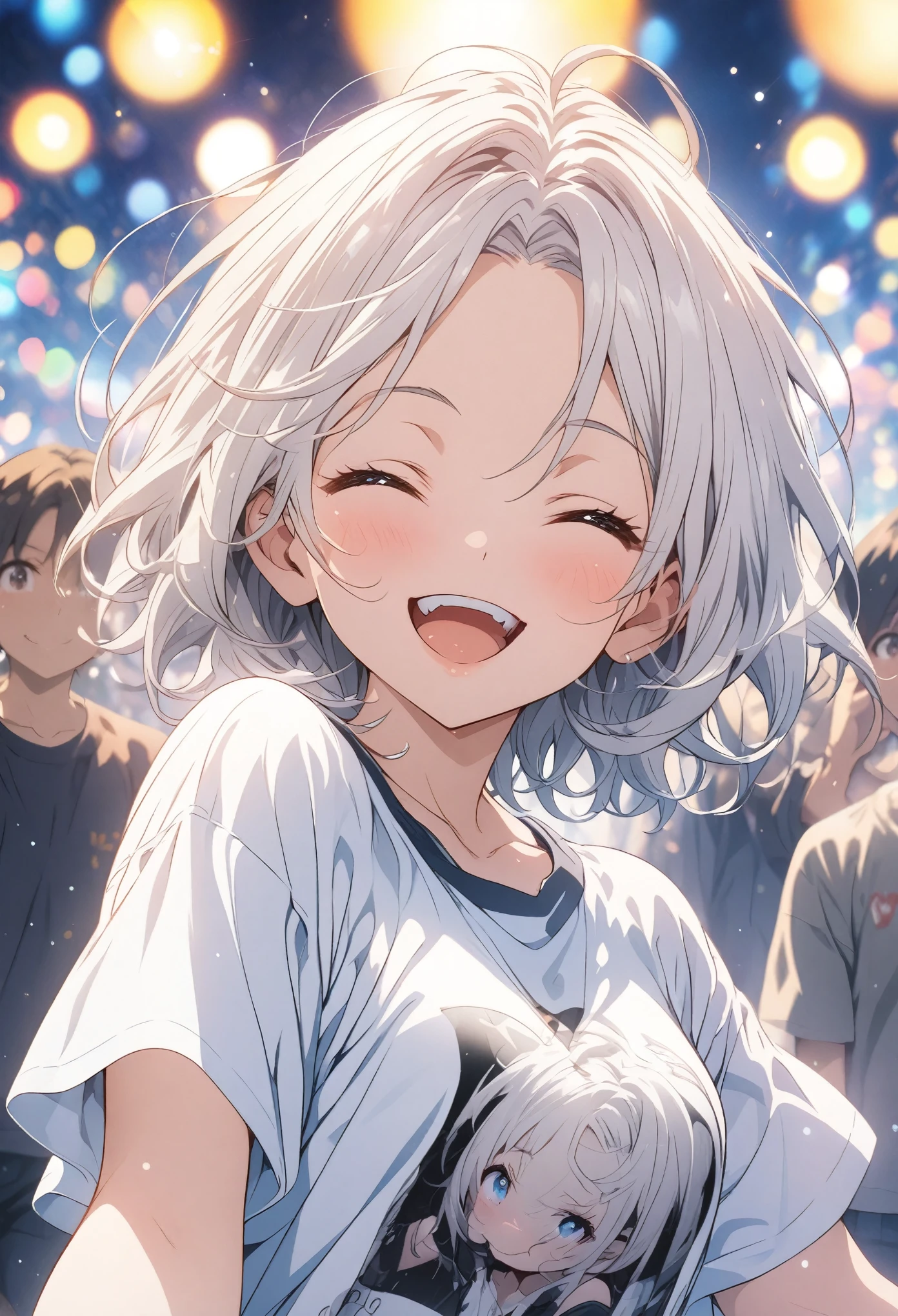 masterpiece, Highest quality, Highly detailed CG Unity 8K wallpapers, High School Girl Anime Illustration. Wear an oversized オフショルダー Tシャツ、salute、Big eyes, Double teeth, she has her eyes closed and mouth open, smile. short hair, White Hair, amount, Parted bangs, Bokeh, Written boundary depth