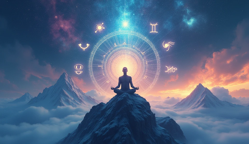 A person meditating on a mountain peak, surrounded by a glowing aura of zodiac symbols. The sky above is filled with vibrant cosmic colors. Atmosphere: mystical and powerful. Mood: centered and enlightened. --ar 16:9